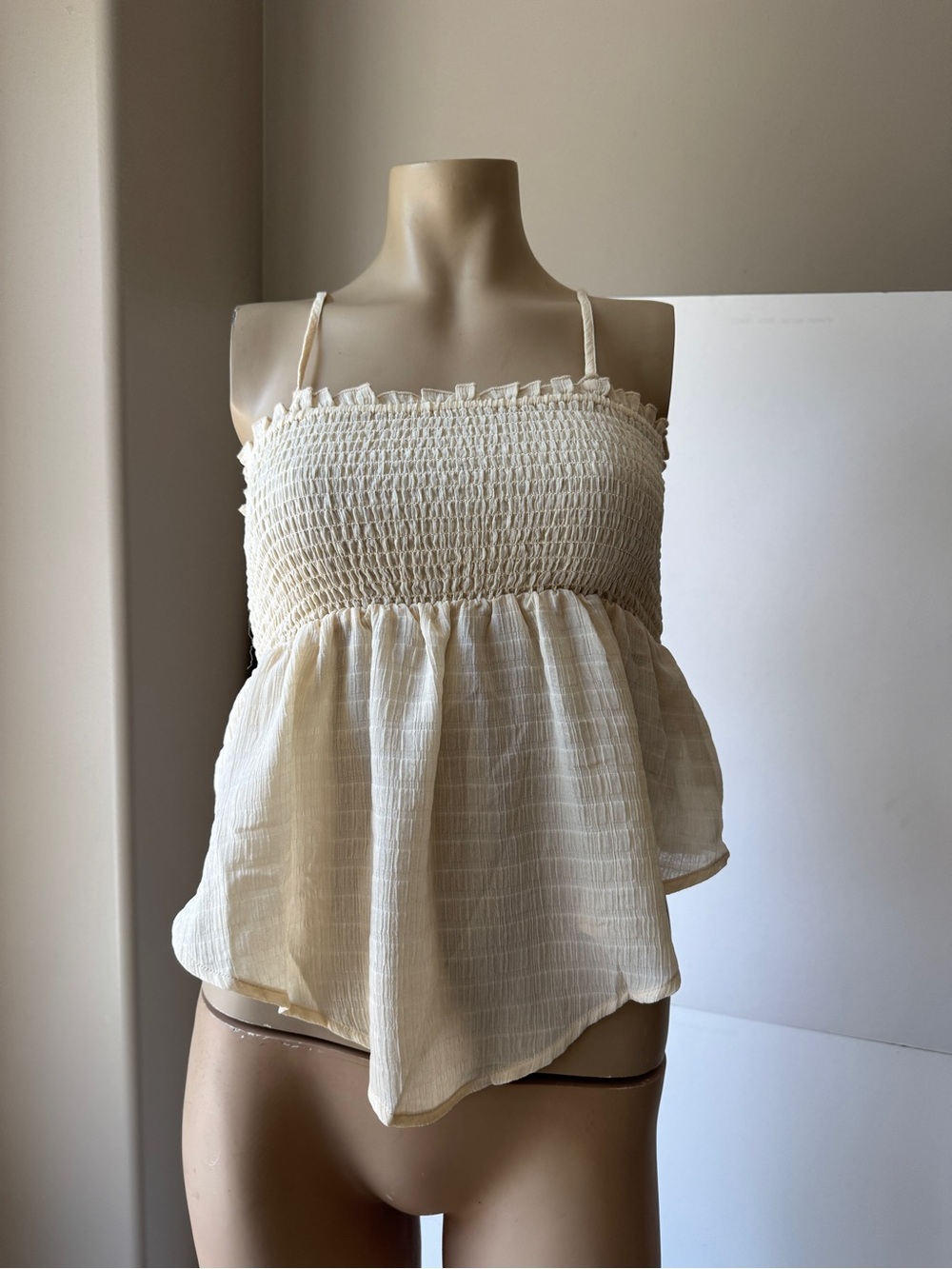 Forever 21 Ivory Smocked Peplum Spaghetti Strap Tank